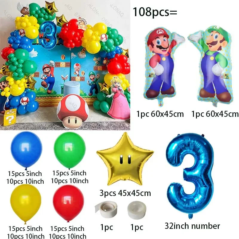 đ Ballongkit 108-pack â Super Bros Mario Tema â Röd, Gul, BlĂ„, Grön â För Barnkalas