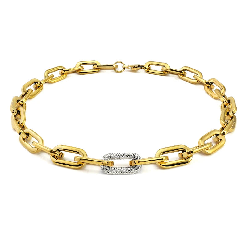 Tjock Länk-Kedjehalsband med Kristaller – 316L Rostfritt Stål – Guld & Silver – Unisex Hiphop Stil
