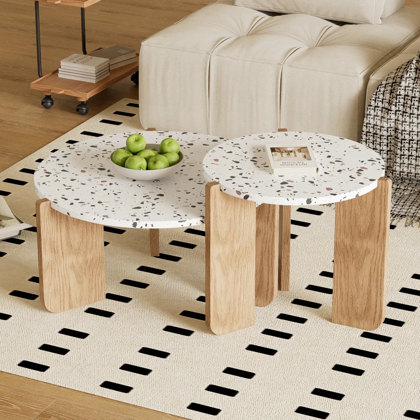 Rosahqnda 2-delat Runt Soffbord – Vit & Trä – Stapelbar Design – 70 & 50 cm