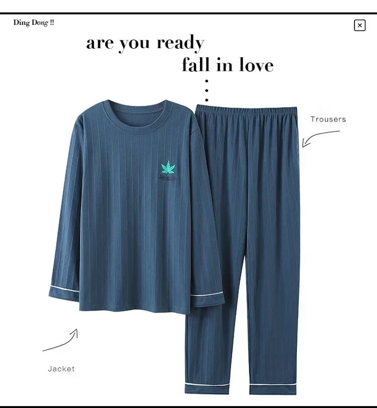Herrpyjamas i 100% Bomull – 2-delad Set – Patchwork Design – Långärmad & Byxor – Vår/Höst/Vinter