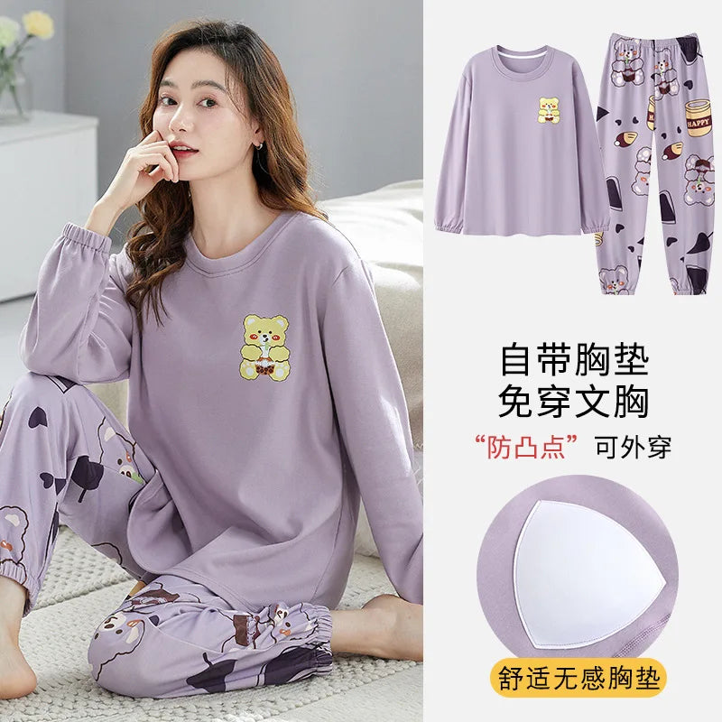 🌸 Koreansk Pyjamas för Kvinnor – Blommigt Tryck – Bomullsblandning med Korsett – Långärmad & Långbyxor