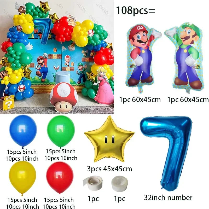 đ Ballongkit 108-pack â Super Bros Mario Tema â Röd, Gul, BlĂ„, Grön â För Barnkalas