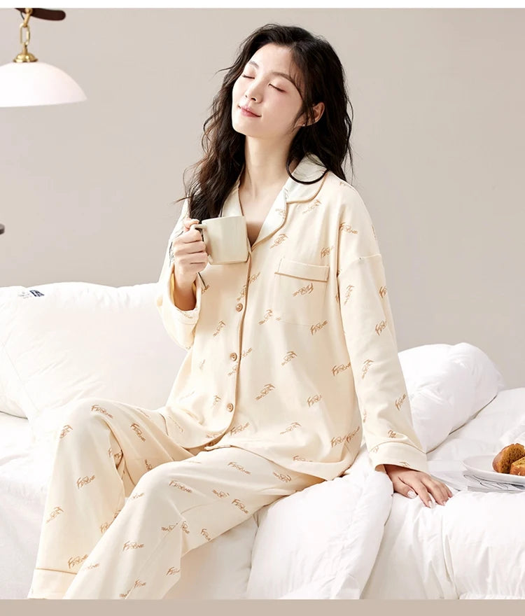 100% Bomull Parpyjamas – Höst/Vinter – Långärmad & Lös Passform – Koreansk Stil