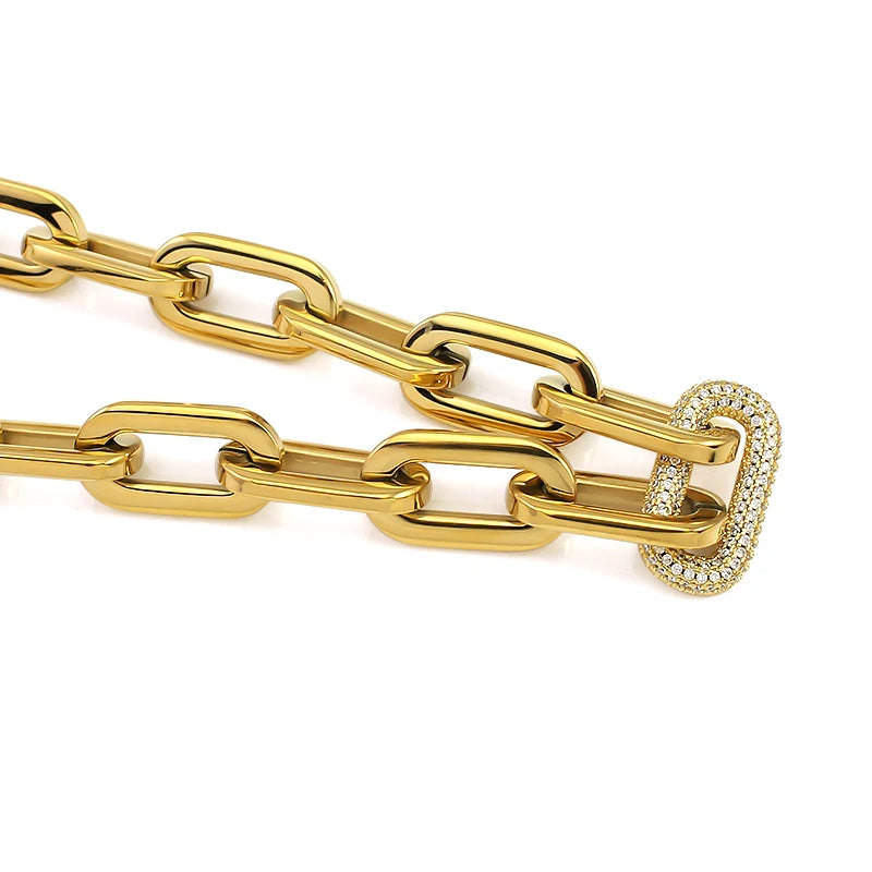 Tjock Länk-Kedjehalsband med Kristaller – 316L Rostfritt Stål – Guld & Silver – Unisex Hiphop Stil
