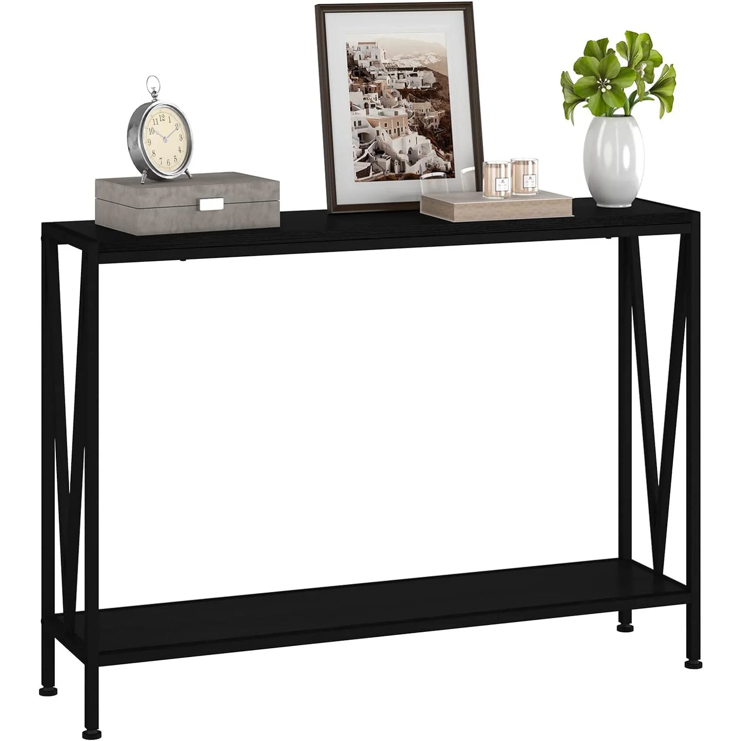 2-Vånings Konsolbord – Smal Design med V-Stöd – 109×25×76 cm – Svart / Retro