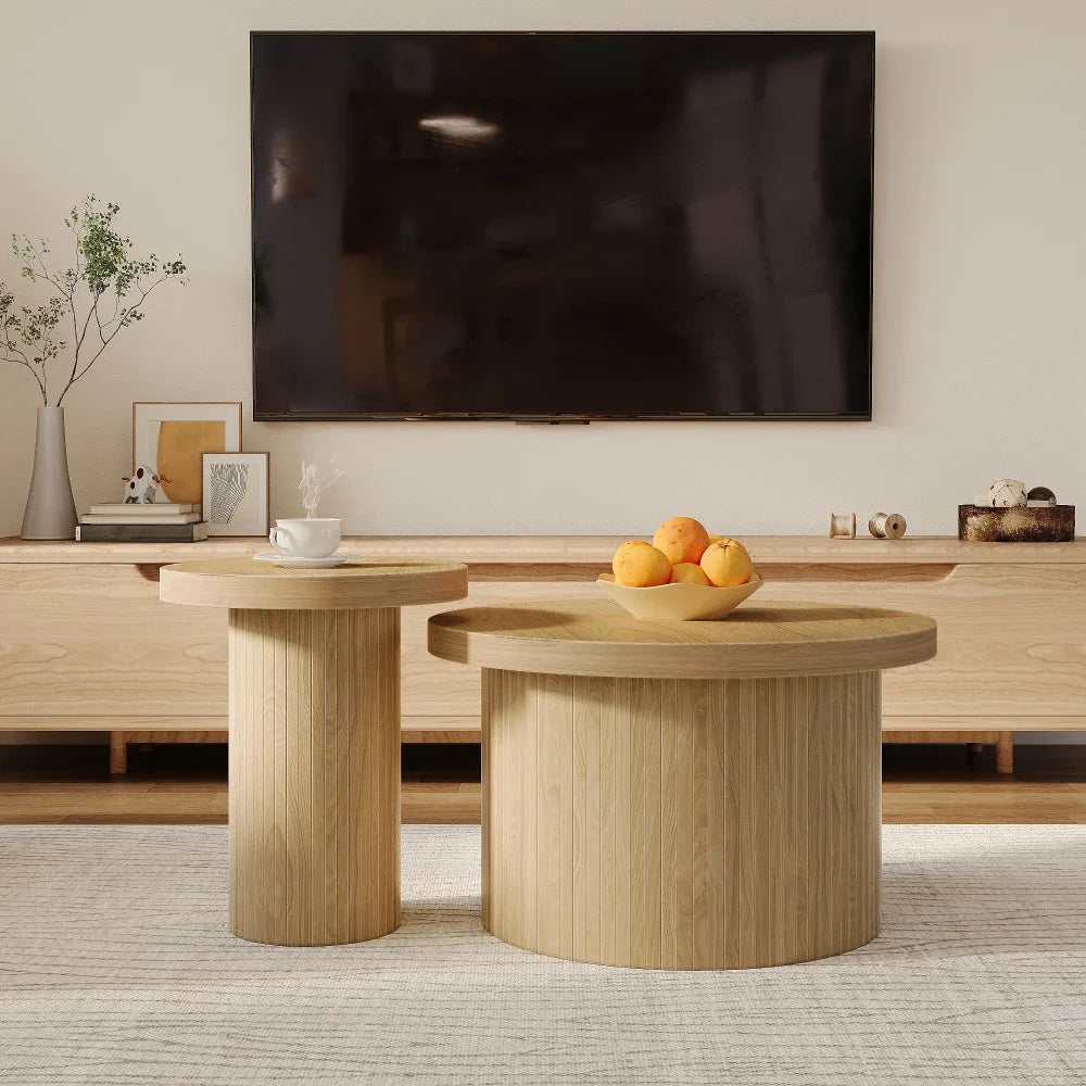 2-delat Runt Soffbordset – Naturlig Trälook – 66 & 40 cm – Modern & Rustik Design