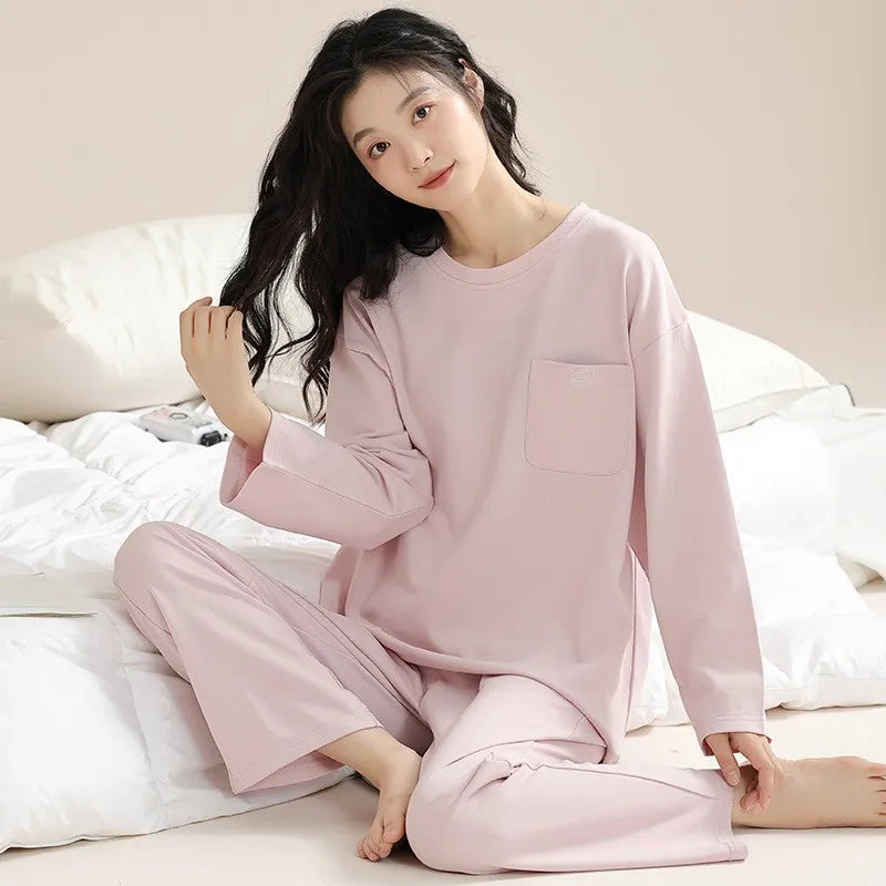 🛌 100% Kammad Bomull Pyjamas för Kvinnor – Höst/Vinter – Söt Tecknad Design – Långärmad & Långbyxor