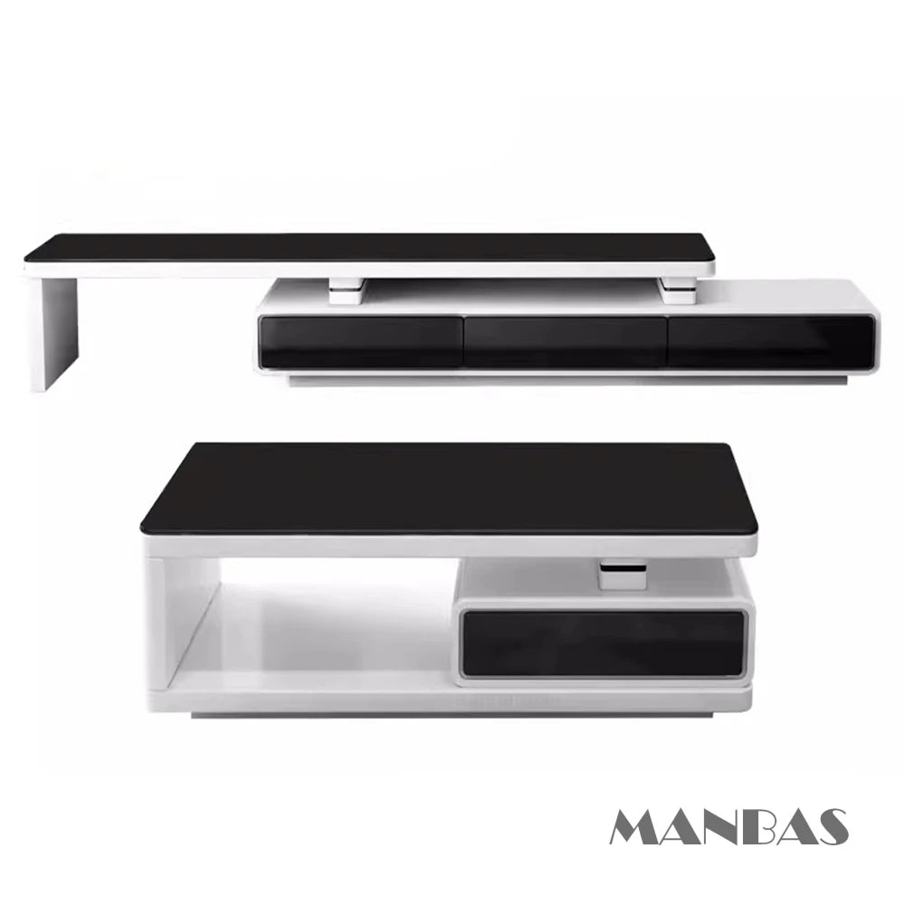 MANBAS TV-bänk & Smart Soffbord – Glansig Vit/Svart Design för Vardagsrummet