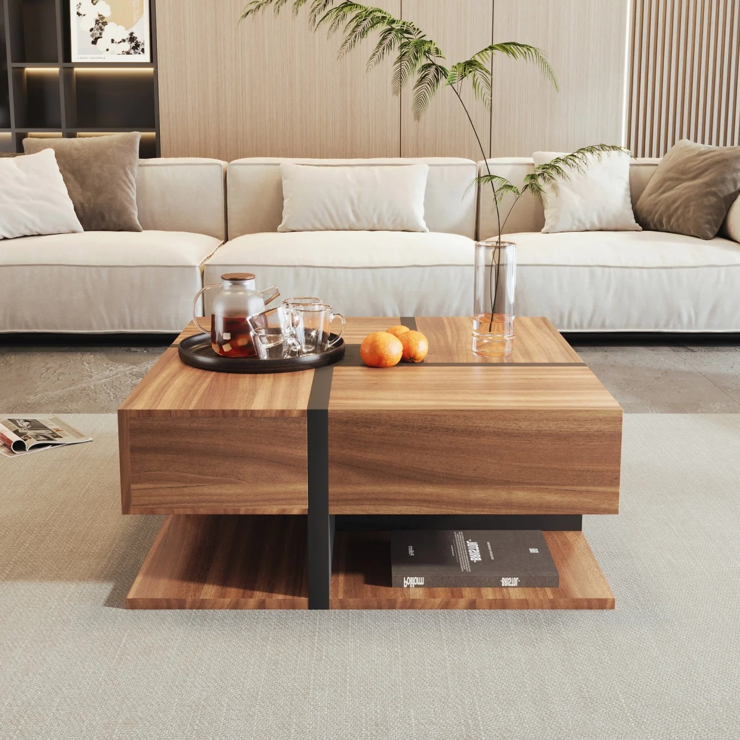 Kvadratiskt Soffbord i Glas – Flerlagersdesign med Trästruktur – För Vardagsrum & Kontor