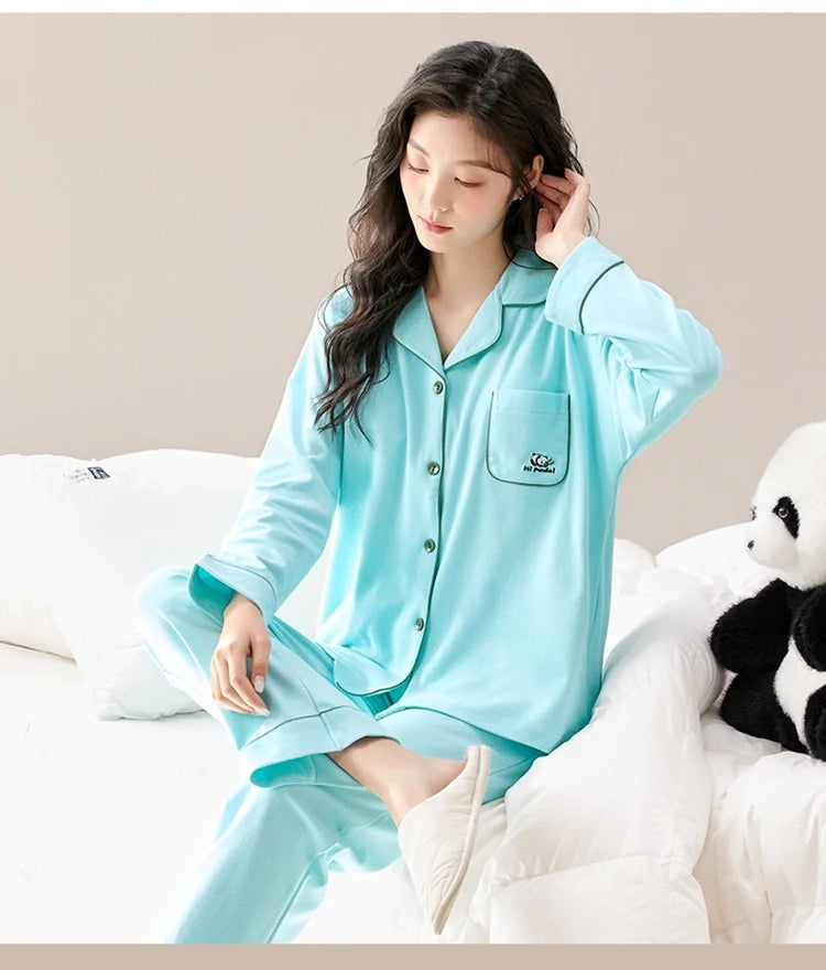 100% Bomull Parpyjamas – Höst/Vinter – Långärmad & Lös Passform – Koreansk Stil