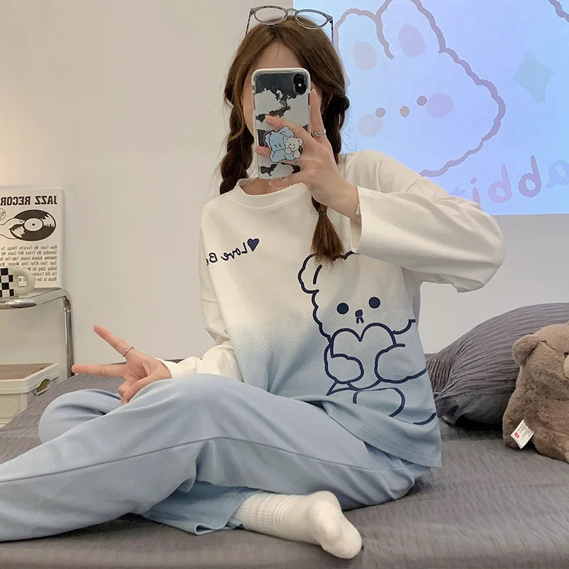 🛌 100% Kammad Bomull Pyjamas för Kvinnor – Höst/Vinter – Söt Tecknad Design – Långärmad & Långbyxor