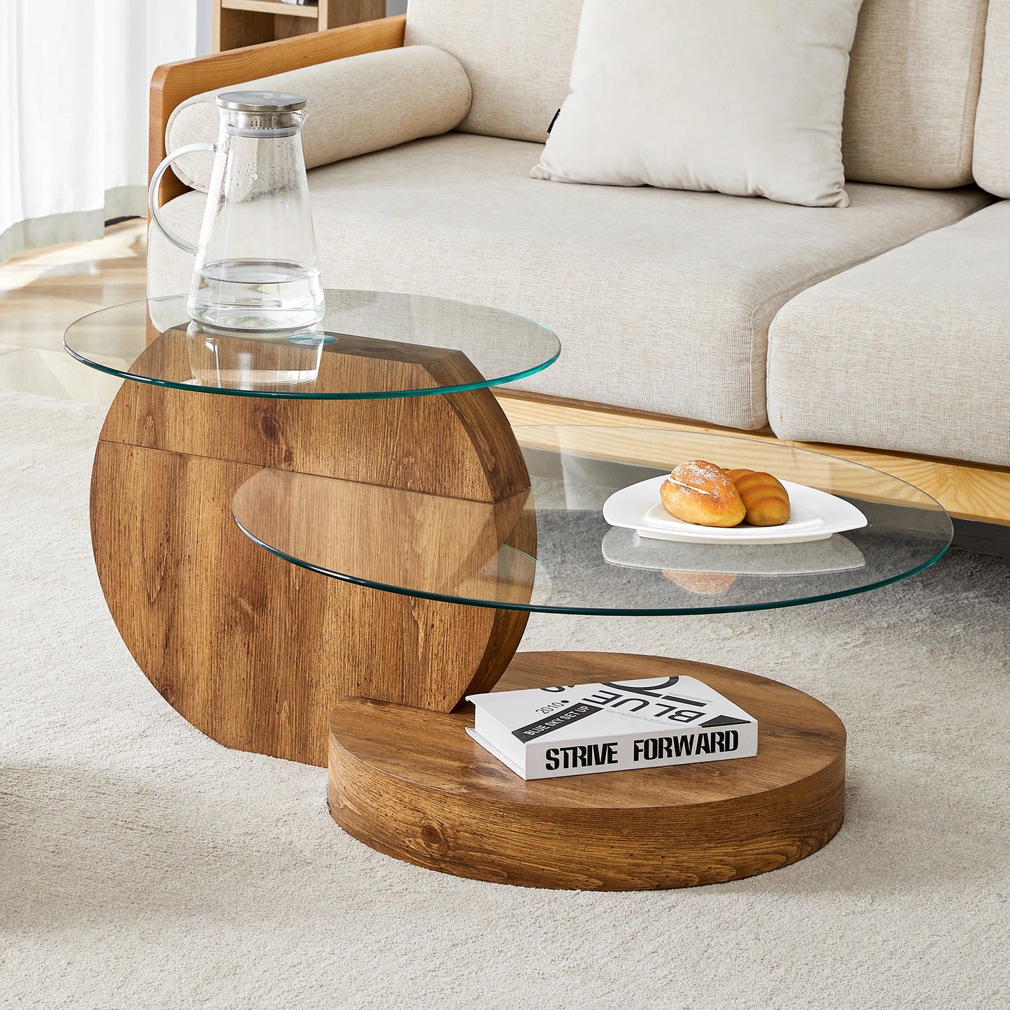 đȘ Minimalistiskt Runt Soffbord i Glas â Flerlagersdesign med TrĂ€struktur â För Vardagsrum & Kontor