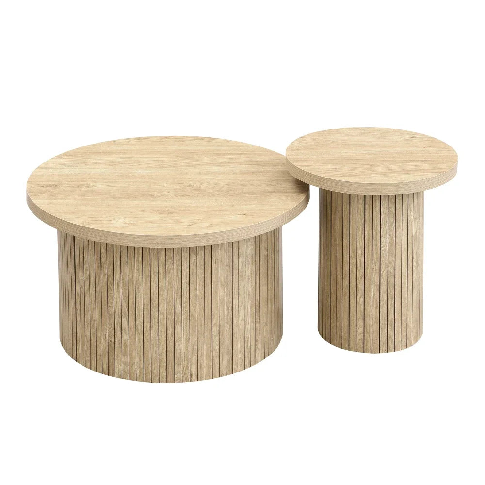 2-delat Runt Soffbordset – Naturlig Trälook – 66 & 40 cm – Modern & Rustik Design