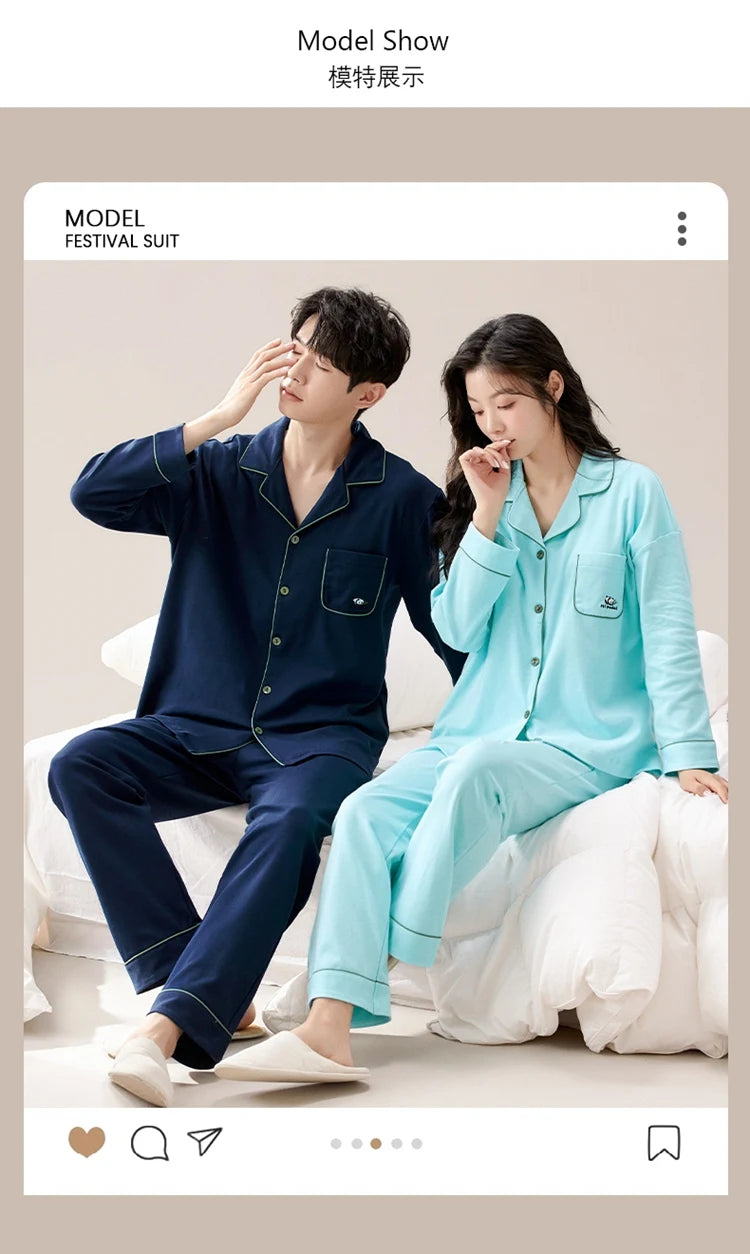 100% Bomull Parpyjamas – Höst/Vinter – Långärmad & Lös Passform – Koreansk Stil