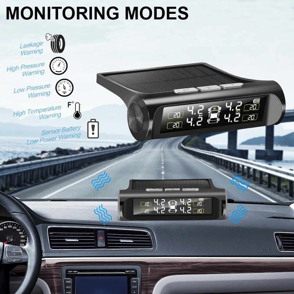 TPMS Däcktrycksövervakningssystem – Solcellsdriven med LCD-display & säkerhetslarm