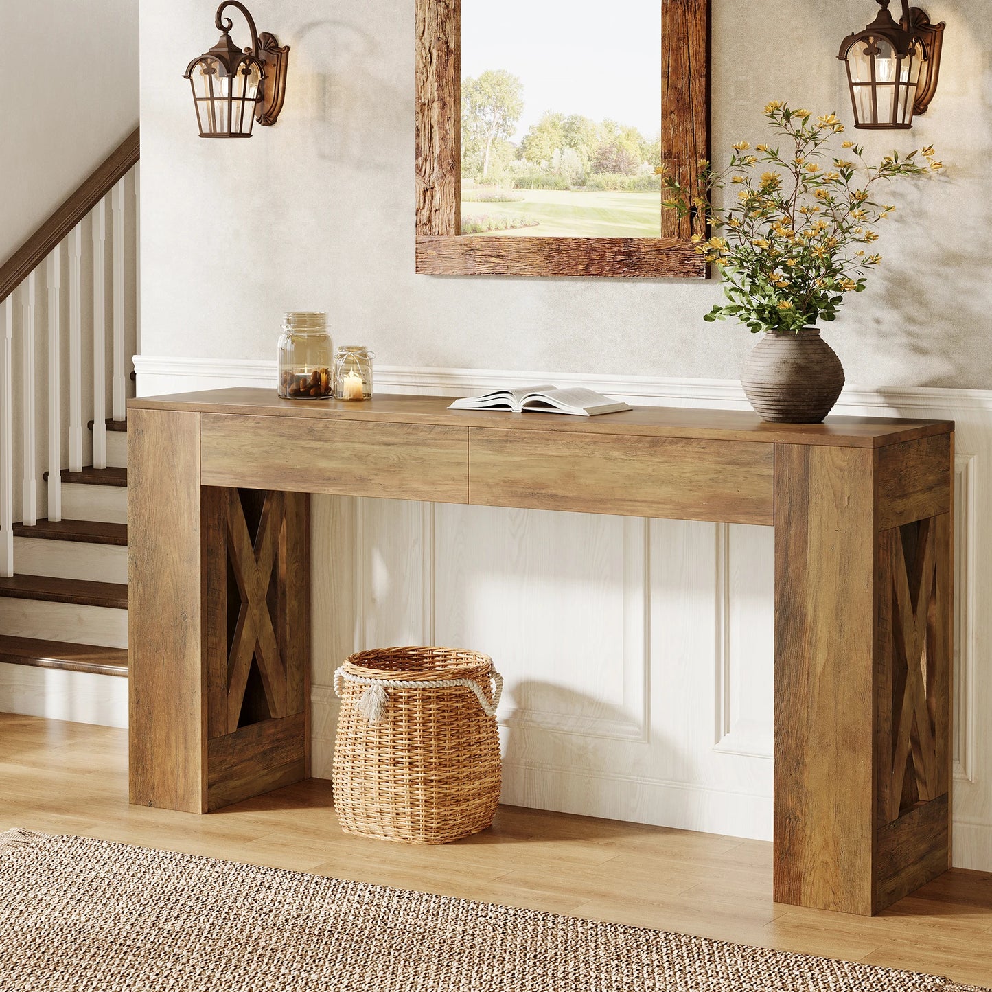 Tribesigns Konsolbord – 160 cm med Lådor & X-ben i Farmhouse-stil