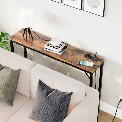 đ Smalt Konsolbord med Eluttag & USB â 100Ă23Ă80 cm â Vintage Brun/GrĂ„ â För Hall & Vardagsrum