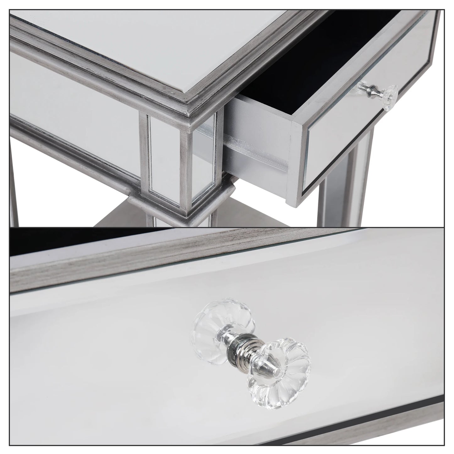 Spegelbord i Borstad Silver – 2 Nivåer med Låda & Hylla (45 × 38 × 64 cm)