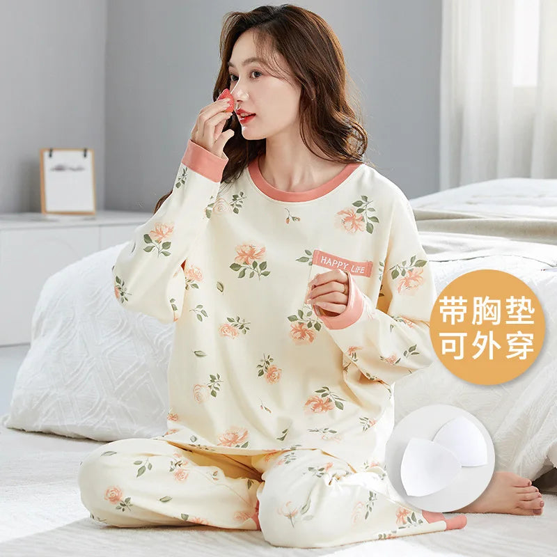🌸 Koreansk Pyjamas för Kvinnor – Blommigt Tryck – Bomullsblandning med Korsett – Långärmad & Långbyxor