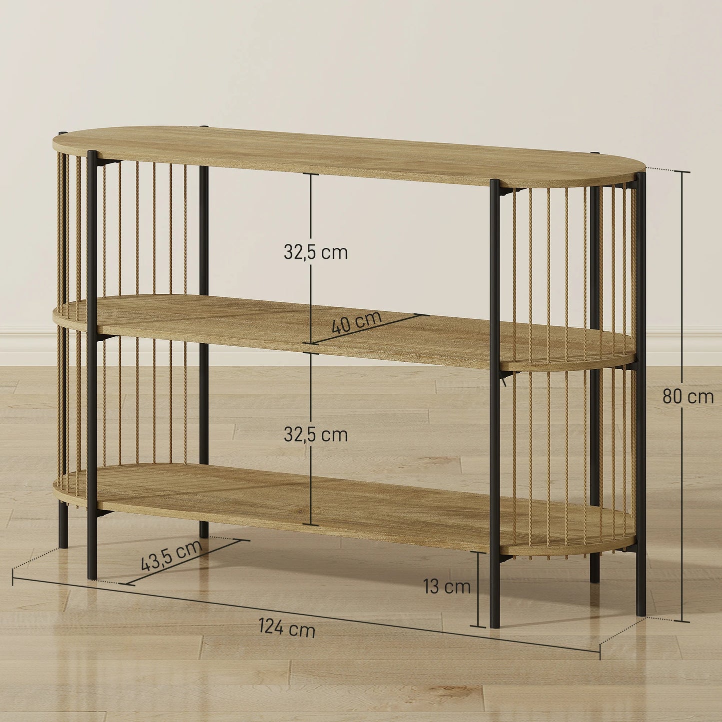 HOMCOM Konsolbord – Bohemisk Design med Handflätade Sidor & 3 Hyllplan