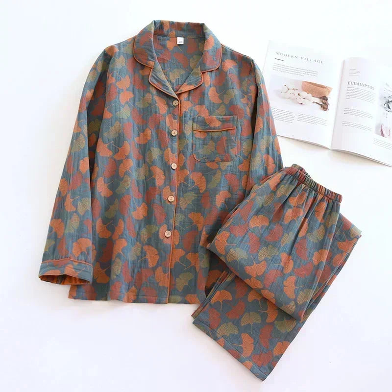 🌸 Elegant Pyjamas för Kvinnor – 100% Bomullskrepp – Blommigt Tryck – Vår & Sommar – 2-delad Set