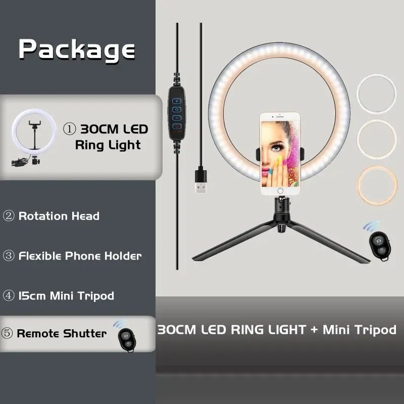 LED Ringljus med Stativ – 16/26/30 cm – USB – 10 Ljuslägen – För Makeup & Video