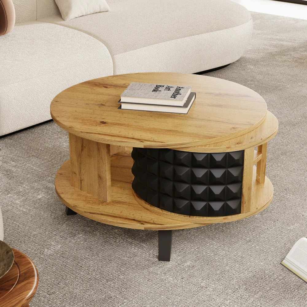 Roterbart Soffbord 2-i-1 – Med Dold Hylla – Modern Design i Trä & Svart – 85.2×80×45.2 cm
