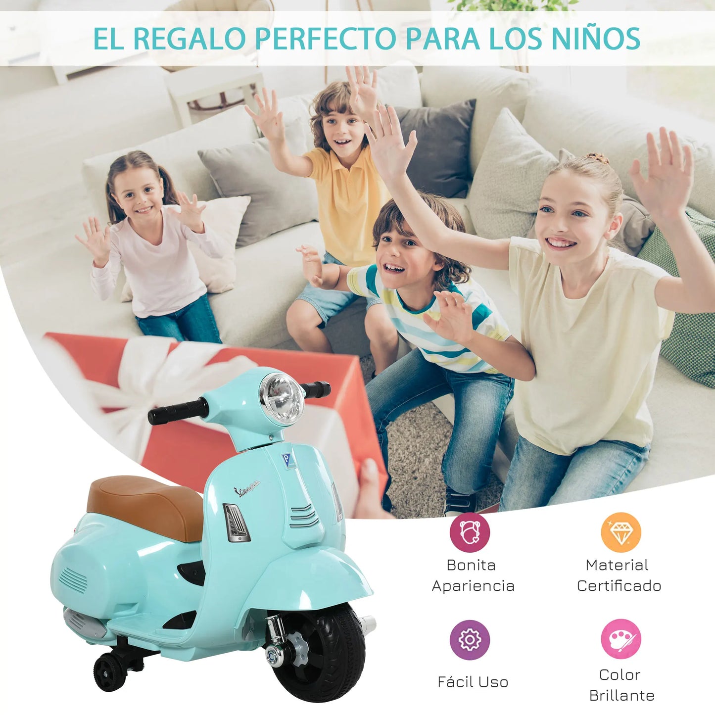 đ” HOMCOM Elektrisk Vespa för Barn â 18â36 MĂ„nader â Med StrĂ„lkastare & Tuta â 66.5Ă38Ă52 cm