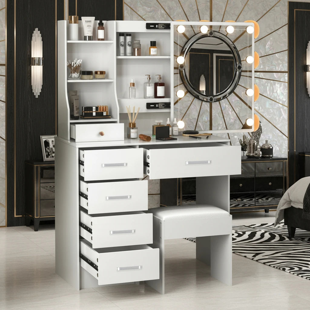 Sminkbord med LED-spegel & Vit Pall – Modern Stil för Sovrummet | 11.11 Kampanj