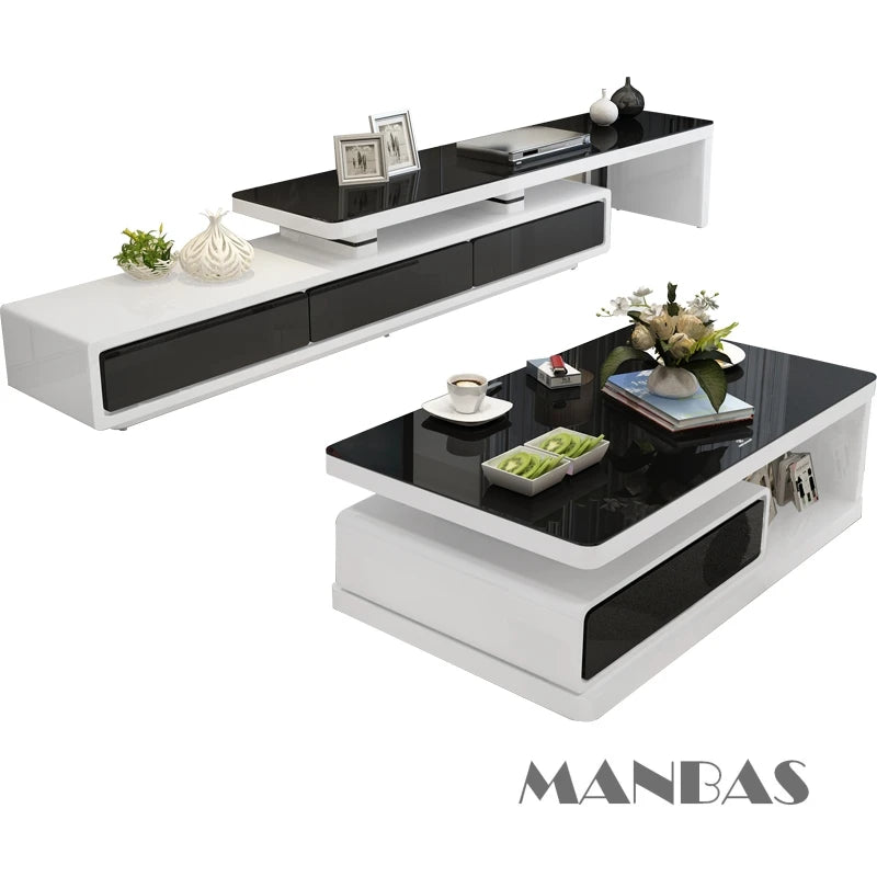 MANBAS TV-bänk & Smart Soffbord – Glansig Vit/Svart Design för Vardagsrummet
