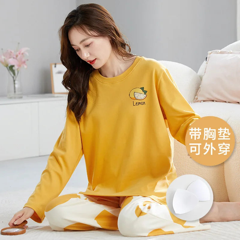 🌸 Koreansk Pyjamas för Kvinnor – Blommigt Tryck – Bomullsblandning med Korsett – Långärmad & Långbyxor