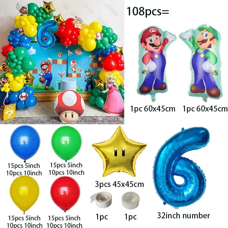 đ Ballongkit 108-pack â Super Bros Mario Tema â Röd, Gul, BlĂ„, Grön â För Barnkalas