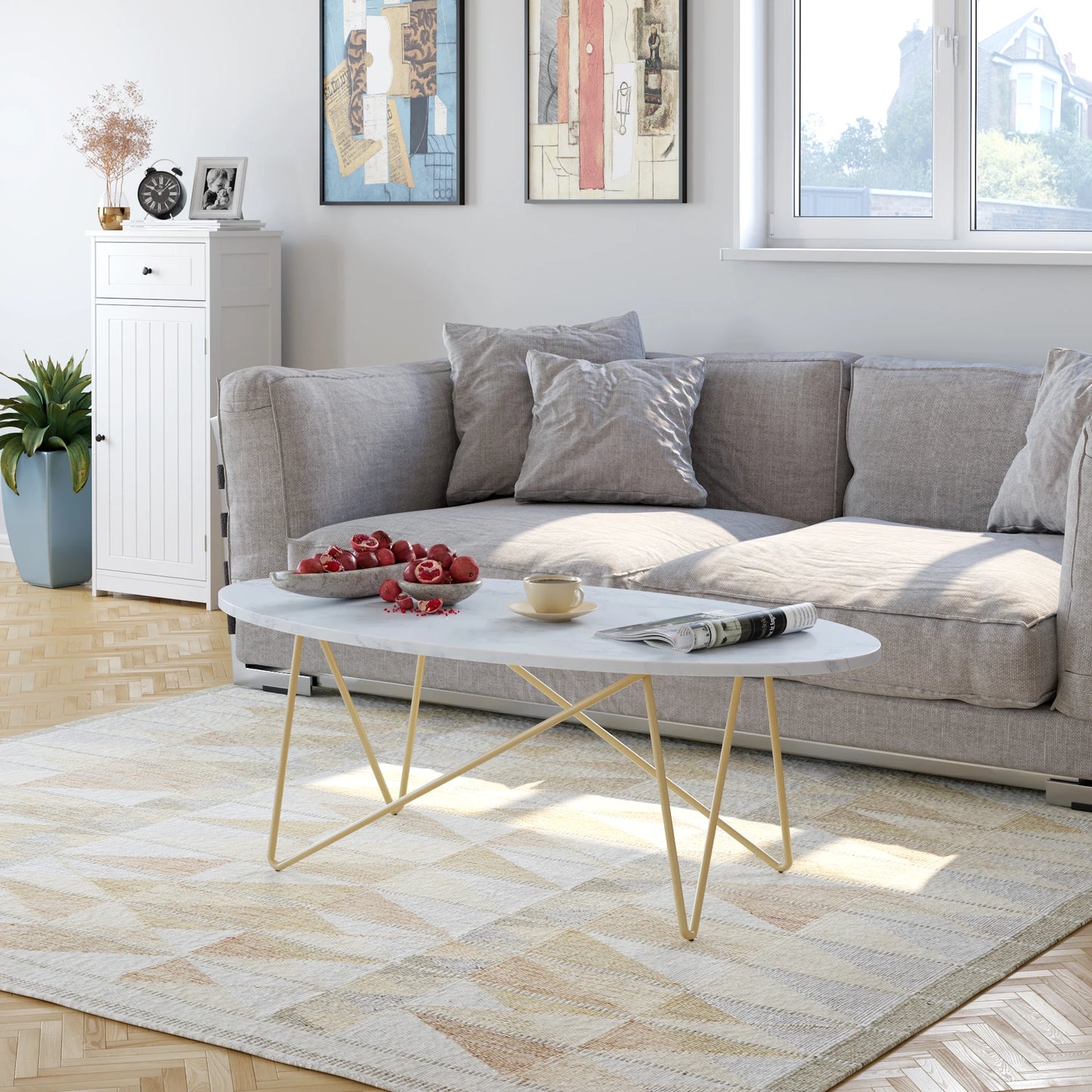 Getone Marmorbord – Oval Soffbord med Guldben – 120×60×41 cm – Vit & Marmorlook