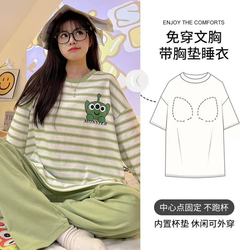 🌸 Koreansk Pyjamas för Kvinnor – Blommigt Tryck – Bomullsblandning med Korsett – Långärmad & Långbyxor
