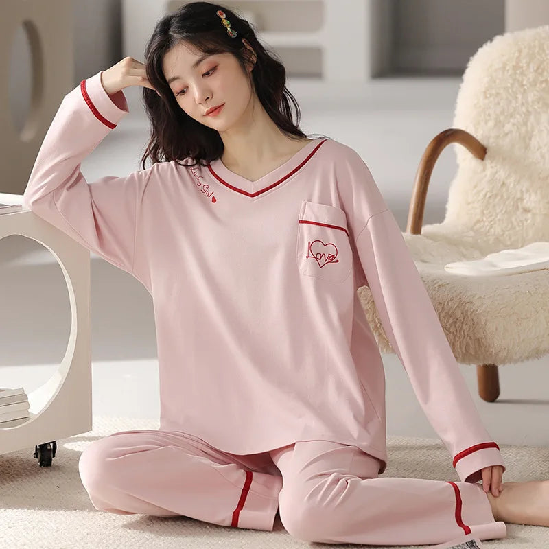 🛌 100% Kammad Bomull Pyjamas för Kvinnor – Höst/Vinter – Söt Tecknad Design – Långärmad & Långbyxor