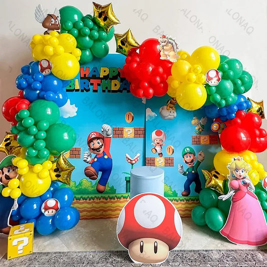 🎈 Ballongkit 108-pack – Super Bros Mario Tema – Röd, Gul, Blå, Grön – För Barnkalas