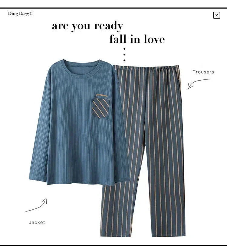 Herrpyjamas i 100% Bomull – 2-delad Set – Patchwork Design – Långärmad & Byxor – Vår/Höst/Vinter