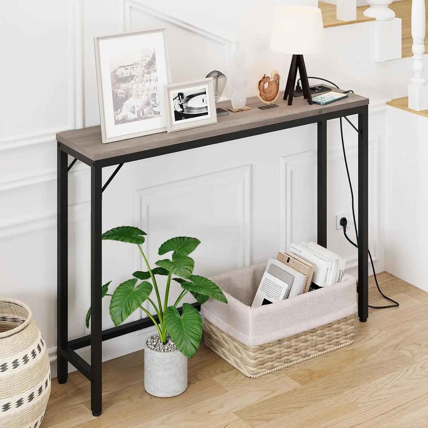 đ Smalt Konsolbord med Eluttag & USB â 100Ă23Ă80 cm â Vintage Brun/GrĂ„ â För Hall & Vardagsrum