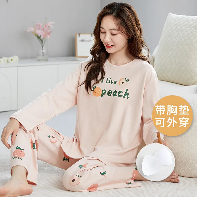 🌸 Koreansk Pyjamas för Kvinnor – Blommigt Tryck – Bomullsblandning med Korsett – Långärmad & Långbyxor