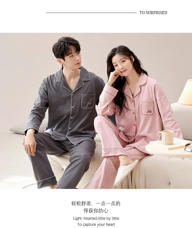 100% Bomull Parpyjamas – Höst/Vinter – Långärmad & Lös Passform – Koreansk Stil