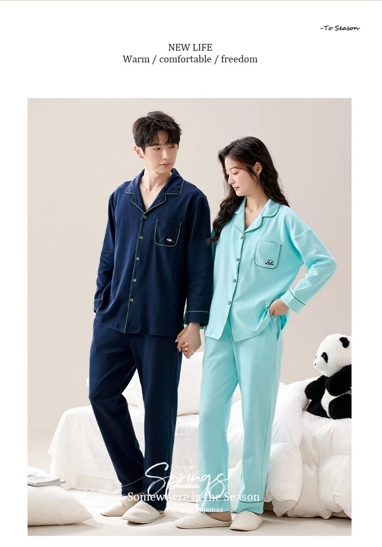 100% Bomull Parpyjamas – Höst/Vinter – Långärmad & Lös Passform – Koreansk Stil