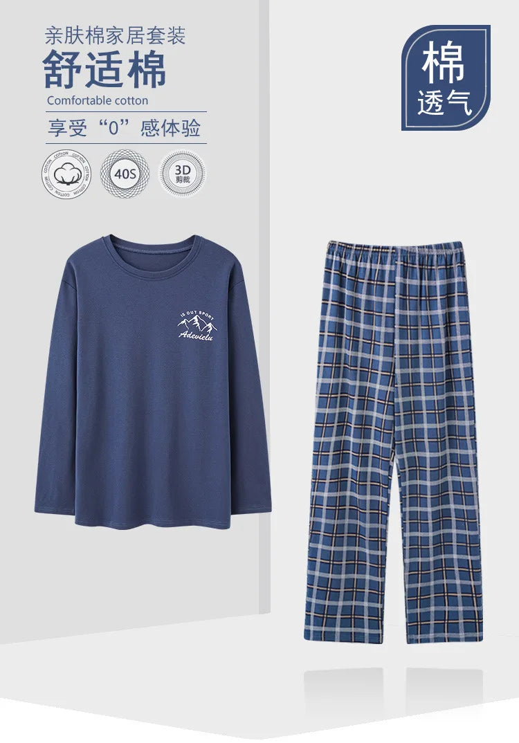 Herrpyjamas i 100% Bomull – 2-delad Set – Patchwork Design – Långärmad & Byxor – Vår/Höst/Vinter