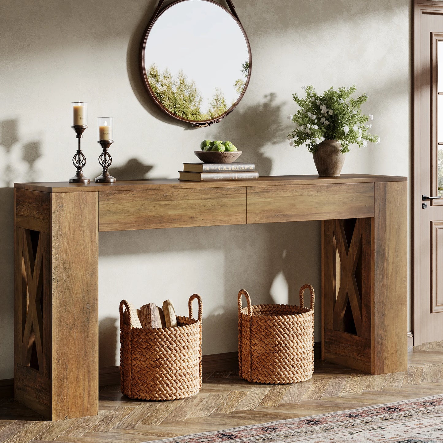 Tribesigns Konsolbord – 160 cm med Lådor & X-ben i Farmhouse-stil