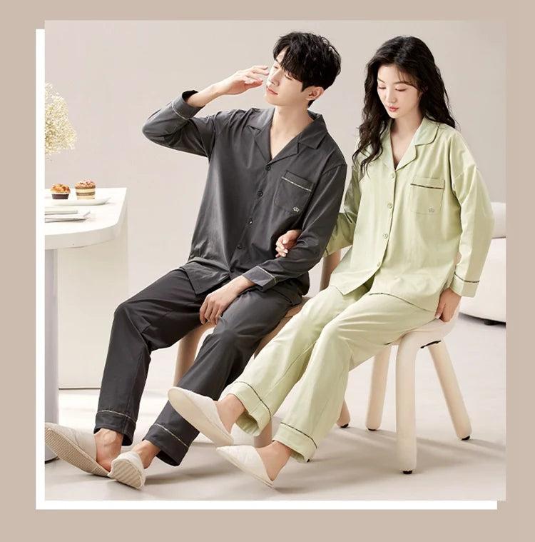 100% Bomull Parpyjamas – Höst/Vinter – Långärmad & Lös Passform – Koreansk Stil