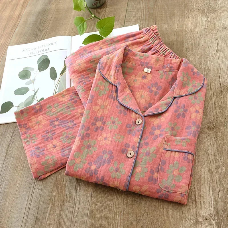 🌸 Elegant Pyjamas för Kvinnor – 100% Bomullskrepp – Blommigt Tryck – Vår & Sommar – 2-delad Set