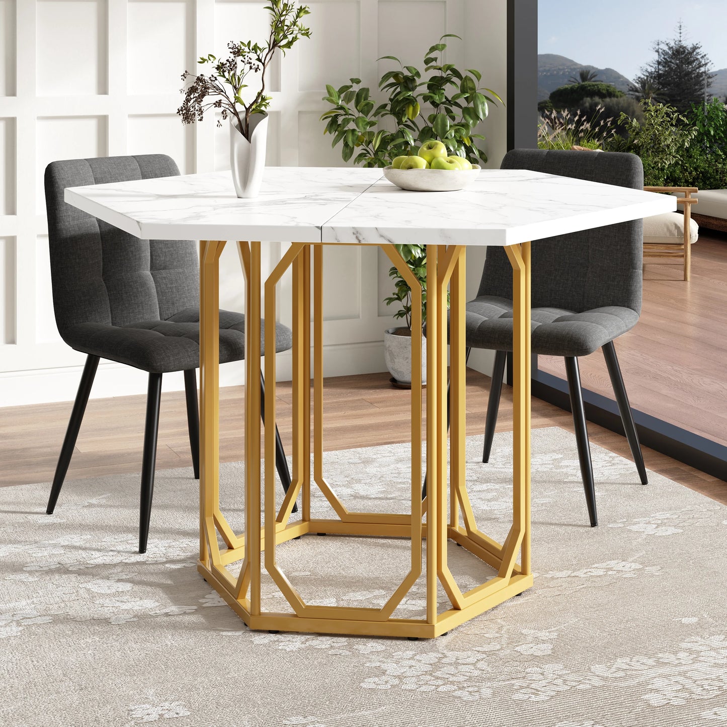 Runt Matbord – Marmormönster med Metallben i Guld/Svart