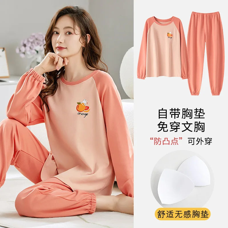 🌸 Koreansk Pyjamas för Kvinnor – Blommigt Tryck – Bomullsblandning med Korsett – Långärmad & Långbyxor