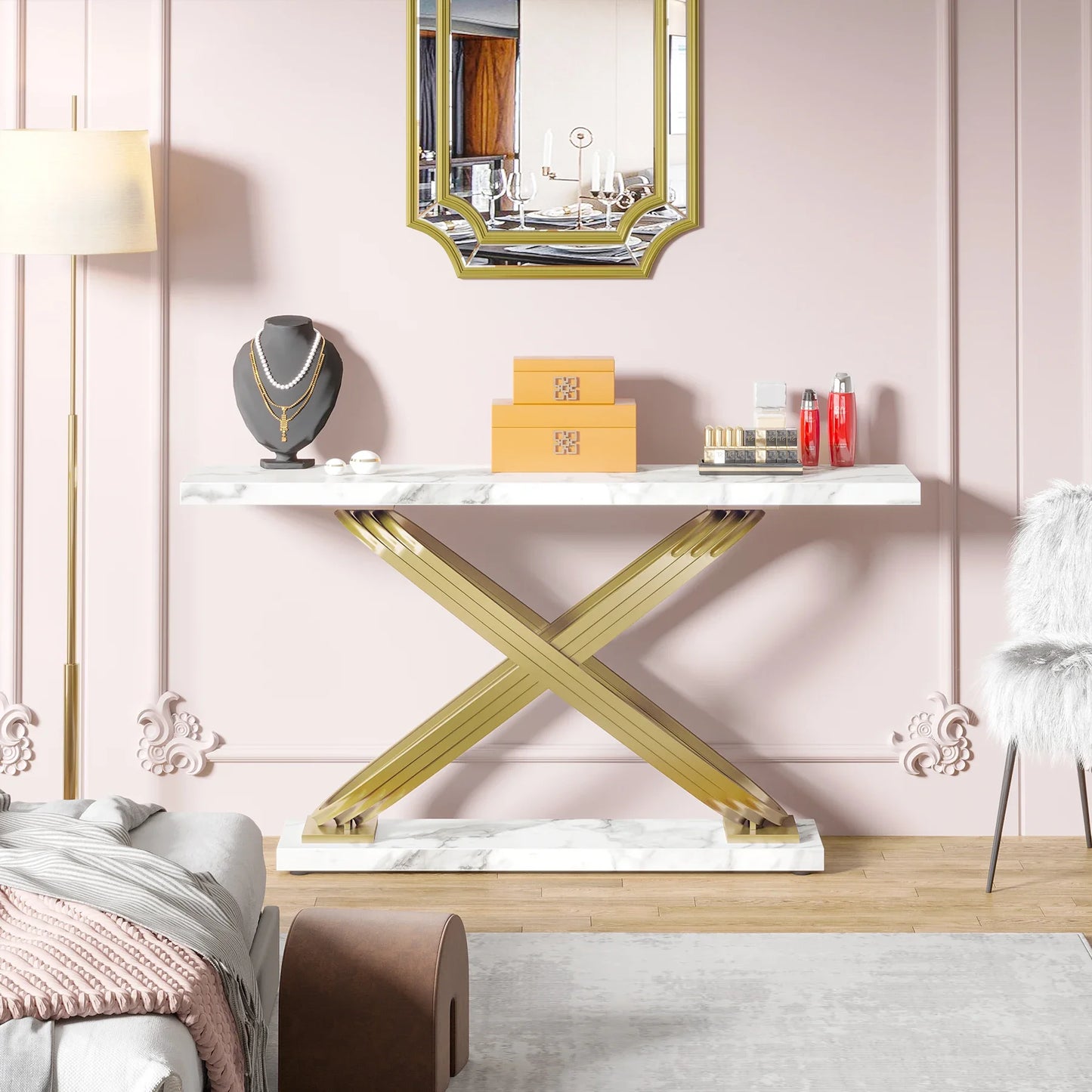 Tribesigns 140 cm Konsolbord – Marmorlook & Guld – Smal Rektangulär Design för Vardagsrum & Hall