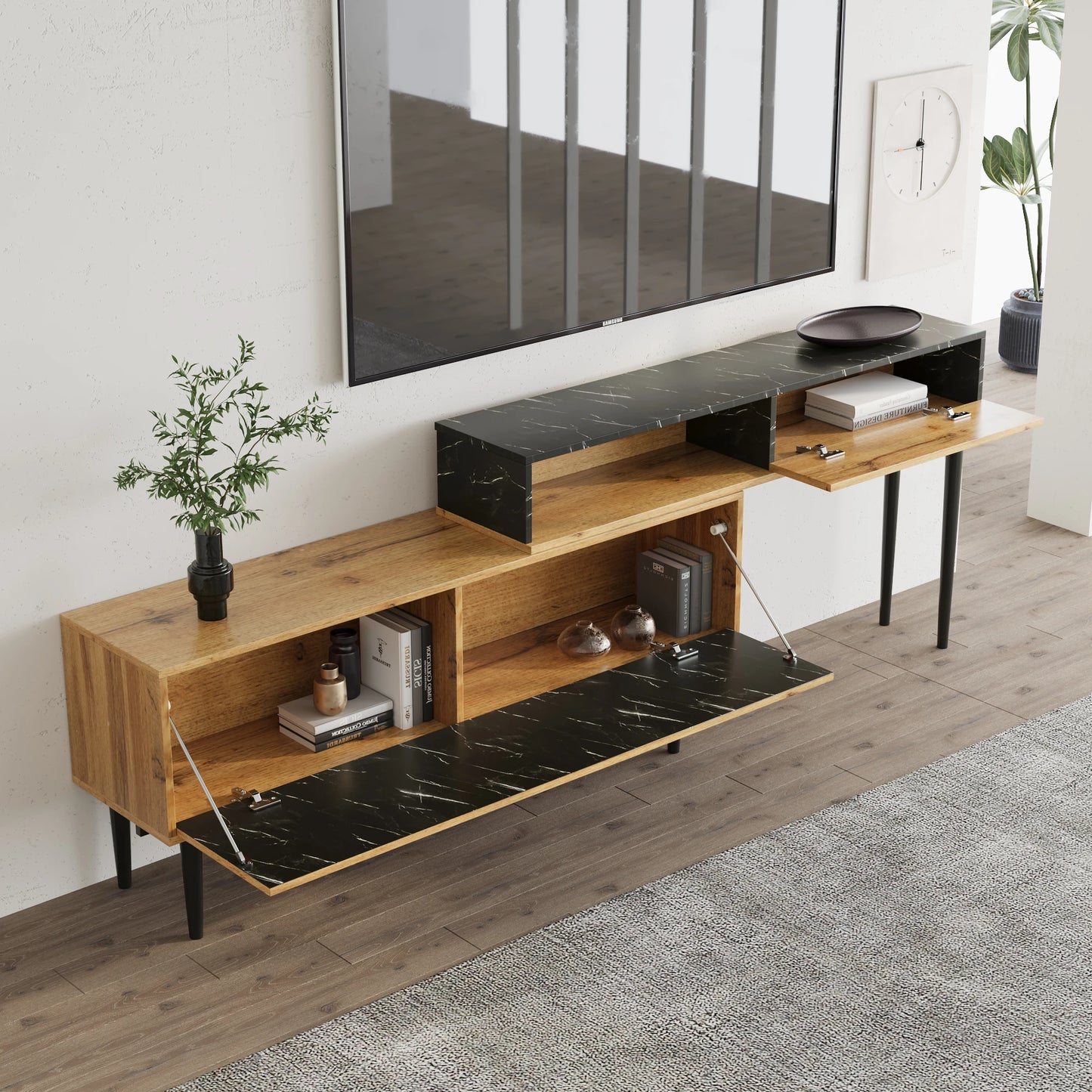 Modern TV-bänk – Marmordesign & Trästruktur med Järnben