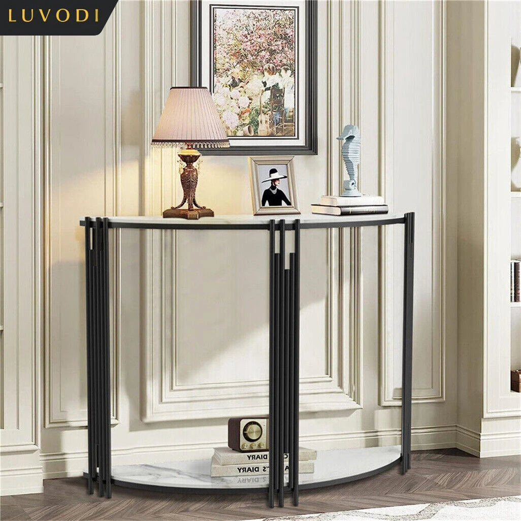 LUVODI Halvmåne Konsolbord – Sintersten & Metall – 100×78 cm – Vit & Svart